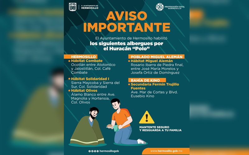 Cinco albergues operan en Hermosillo ante el paso del huracán “Polo”