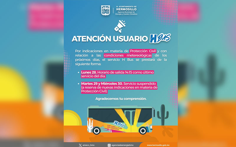 H Bus suspenderá servicio martes y miércoles por condiciones meteorológicas