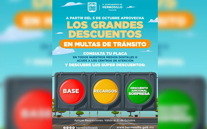 Hermosillo ofrece descuentos en multas de tránsito durante octubre